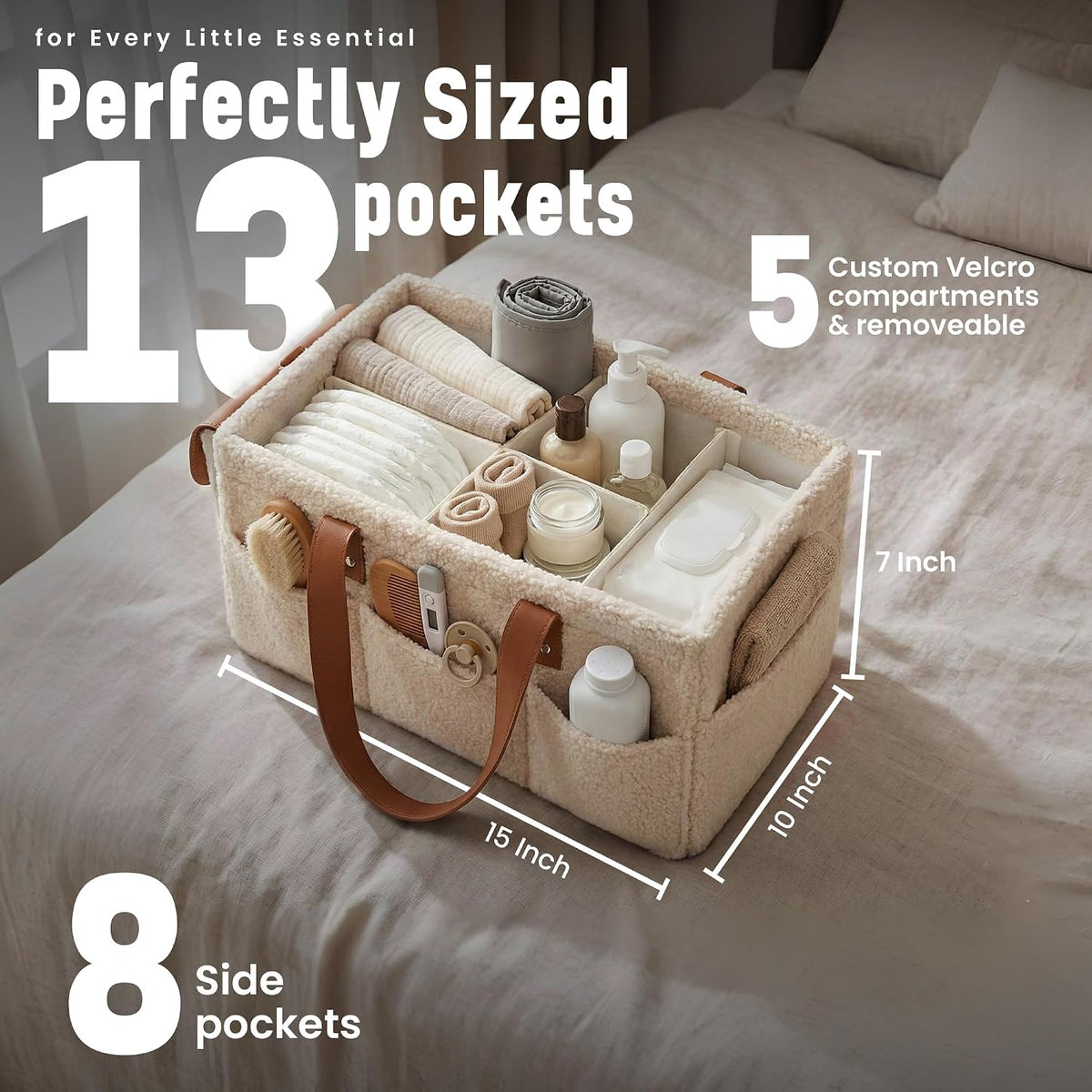 Baby Diaper Caddy Organizer with Adjustable Handle and Secure Snap Pocket - Portable Diaper Caddy Basket - Diaper Organizer - Baby Caddy for Boy or Girl – Large
