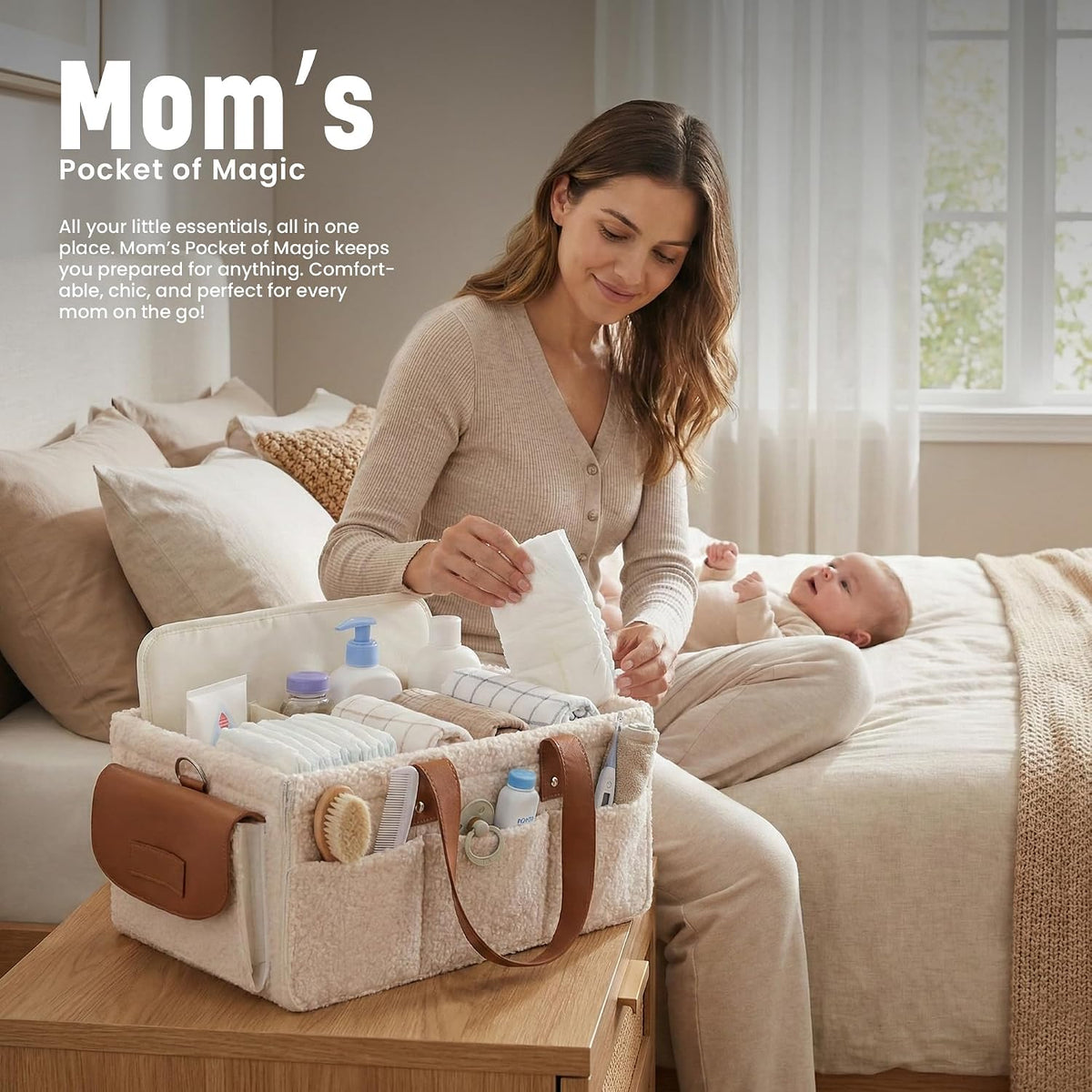 Baby Diaper Caddy Organizer with Adjustable Handle and Secure Snap Pocket - Portable Diaper Caddy Basket - Diaper Organizer - Baby Caddy for Boy or Girl – Large
