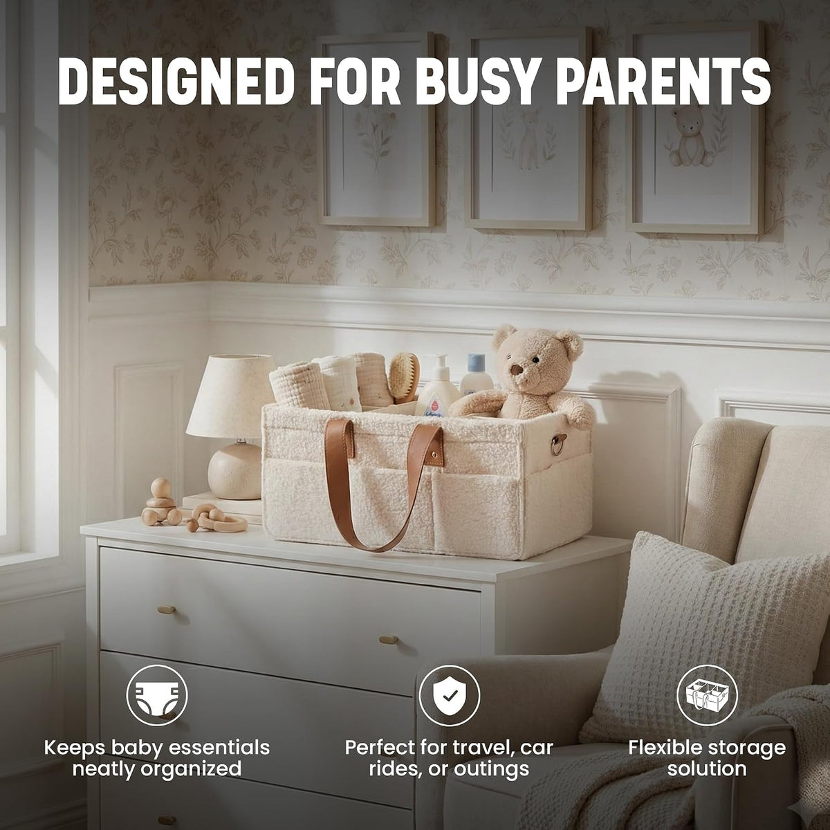 Baby Diaper Caddy Organizer with Adjustable Handle and Secure Snap Pocket - Portable Diaper Caddy Basket - Diaper Organizer - Baby Caddy for Boy or Girl – Large
