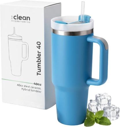 THE CLEAN HYDRATION CO. Insulated Ceramic Coated Tumbler with Handle | Spill Proof Lid | Vacuum Insulated | Keeps Beverages Taste Intact 40 oz (Black)