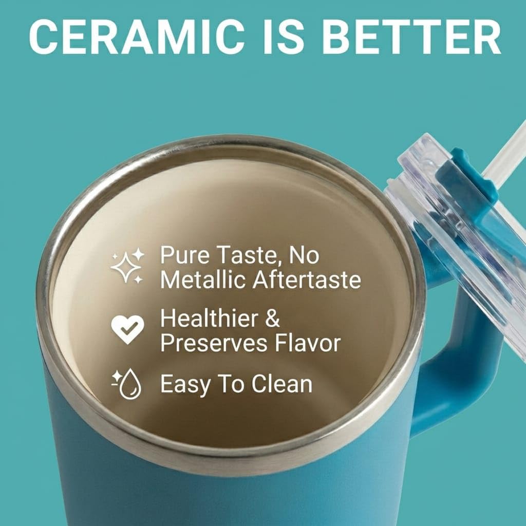 THE CLEAN HYDRATION CO. Insulated Ceramic Coated Tumbler with Handle | Spill Proof Lid | Vacuum Insulated | Keeps Beverages Taste Intact 40 oz (Black)