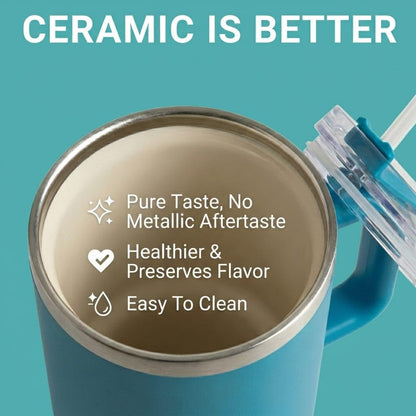 THE CLEAN HYDRATION CO. Insulated Ceramic Coated Tumbler with Handle | Spill Proof Lid | Vacuum Insulated | Keeps Beverages Taste Intact 40 oz (Black)