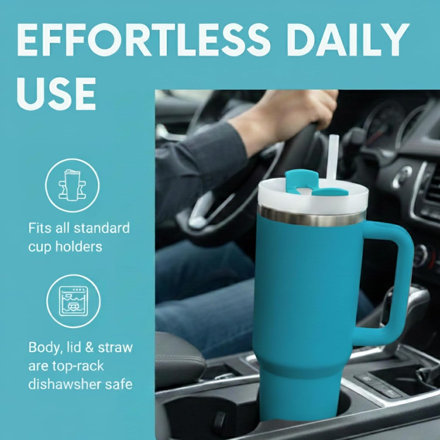 THE CLEAN HYDRATION CO. Insulated Ceramic Coated Tumbler with Handle | Spill Proof Lid | Vacuum Insulated | Keeps Beverages Taste Intact 40 oz (Black)