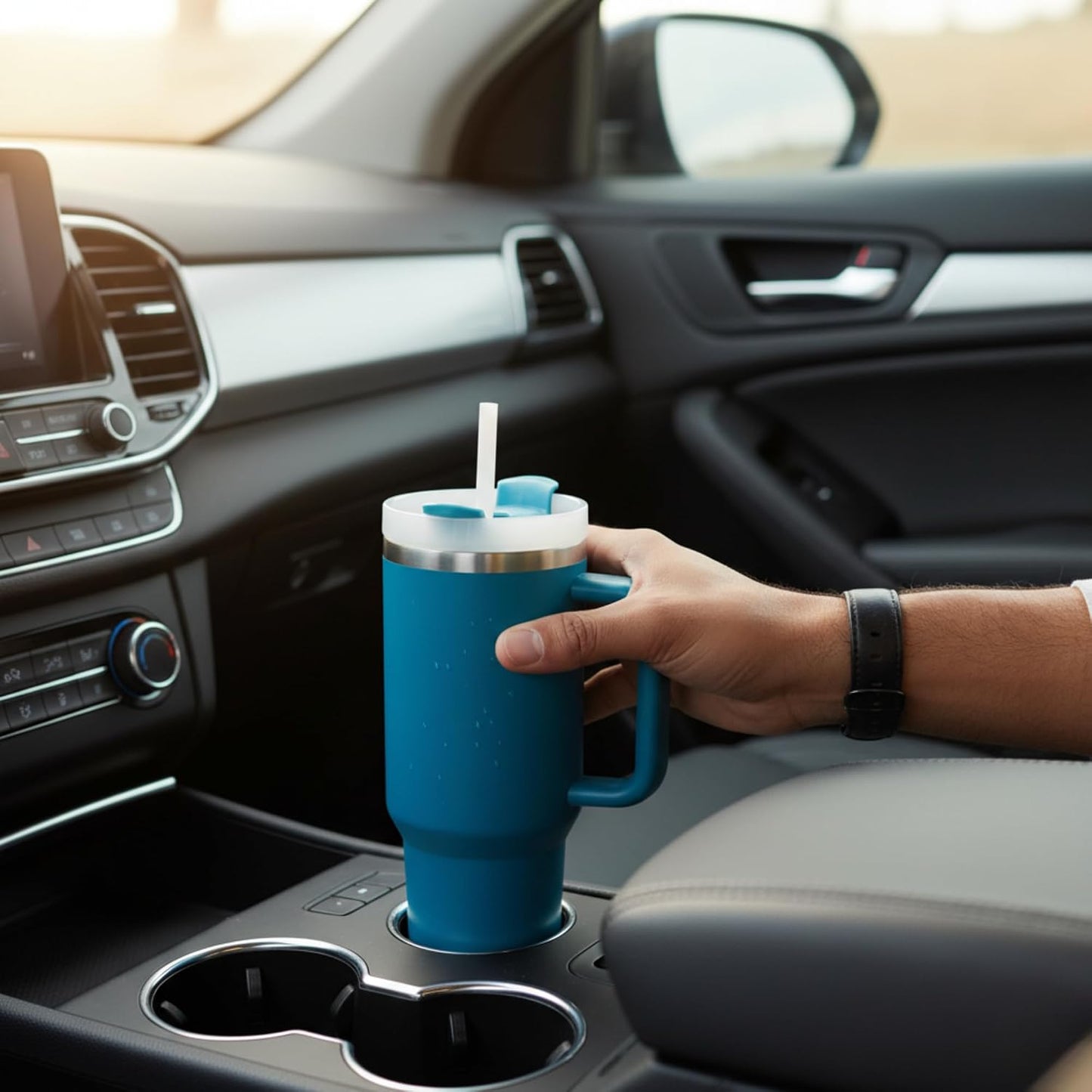 THE CLEAN HYDRATION CO. Insulated Ceramic Coated Tumbler with Handle | Spill Proof Lid | Vacuum Insulated | Keeps Beverages Taste Intact 40 oz (Black)