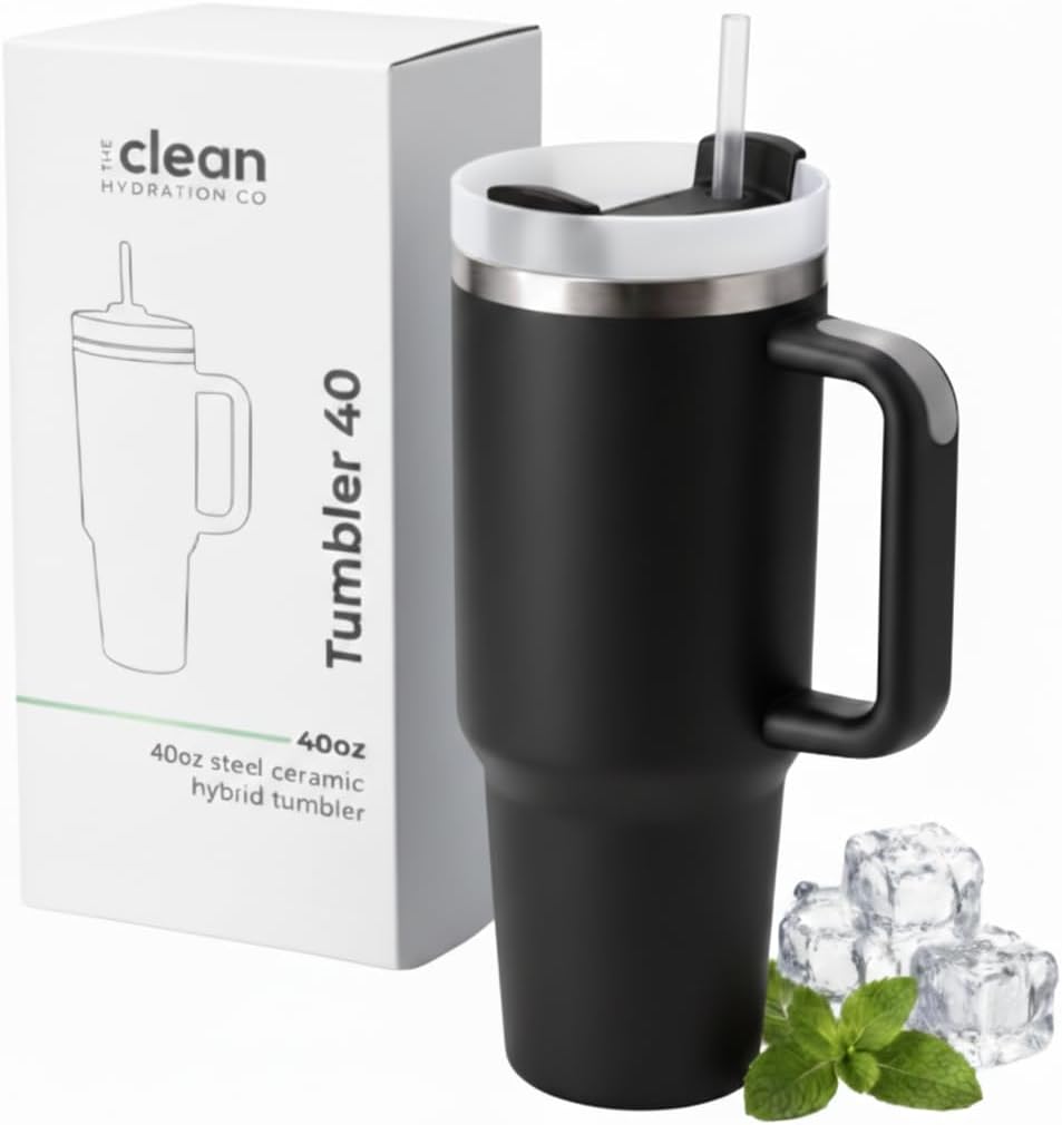 THE CLEAN HYDRATION CO. Insulated Ceramic Coated Tumbler with Handle | Spill Proof Lid | Vacuum Insulated | Keeps Beverages Taste Intact 40 oz (Black)