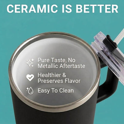 THE CLEAN HYDRATION CO. Insulated Ceramic Coated Tumbler with Handle | Spill Proof Lid | Vacuum Insulated | Keeps Beverages Taste Intact 40 oz (Black)