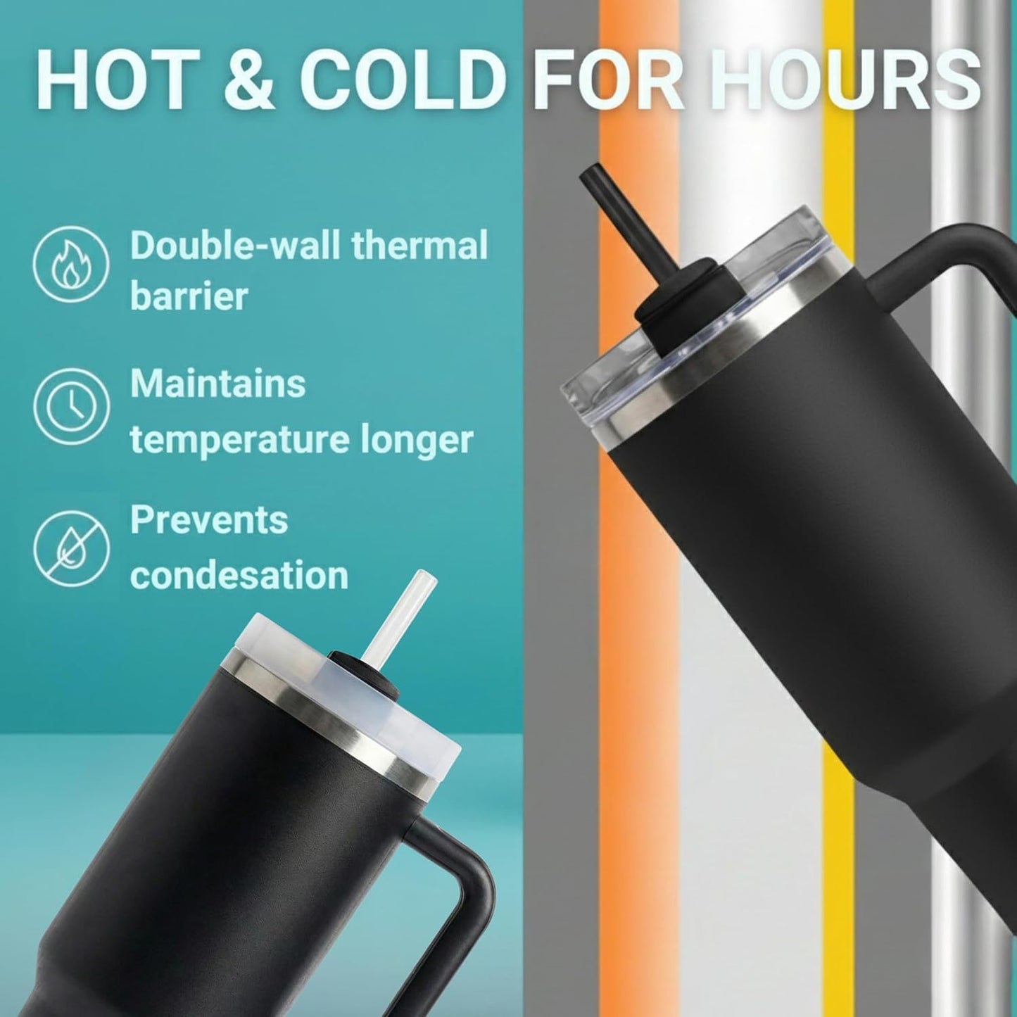 THE CLEAN HYDRATION CO. Insulated Ceramic Coated Tumbler with Handle | Spill Proof Lid | Vacuum Insulated | Keeps Beverages Taste Intact 40 oz (Black)