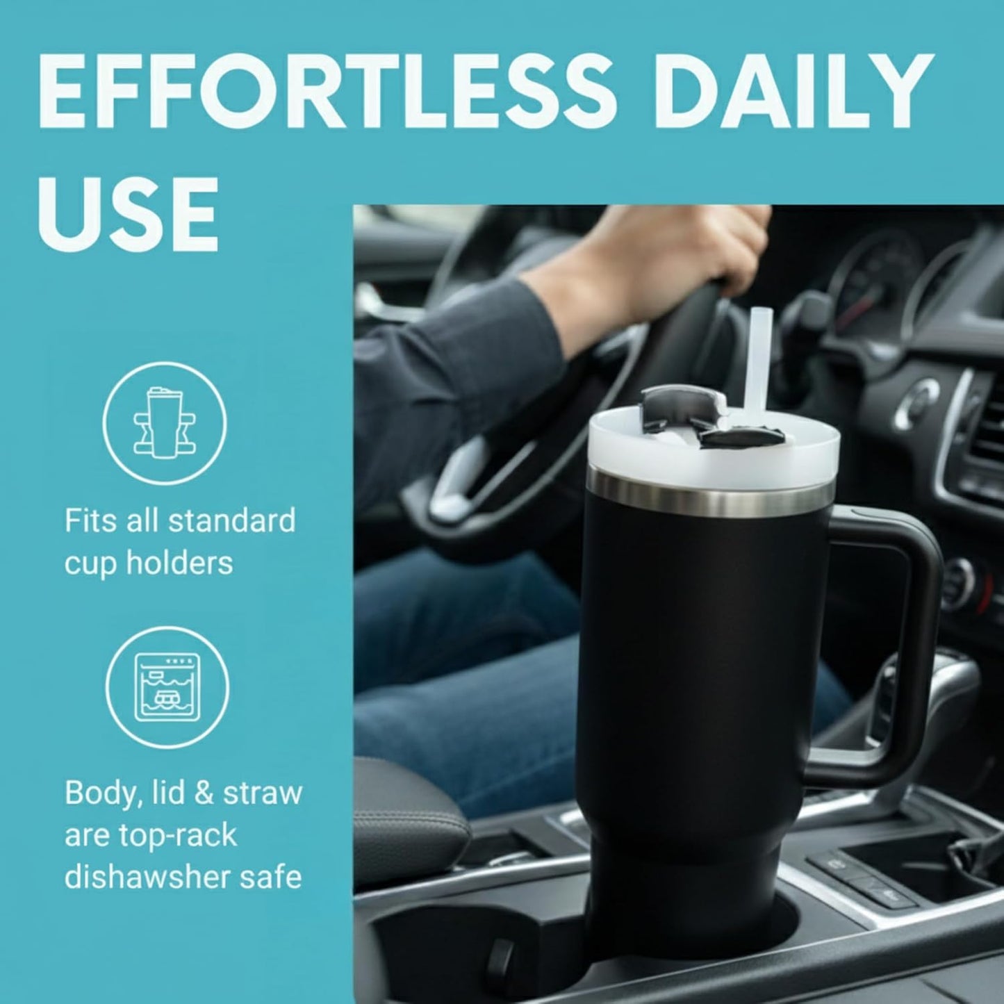 THE CLEAN HYDRATION CO. Insulated Ceramic Coated Tumbler with Handle | Spill Proof Lid | Vacuum Insulated | Keeps Beverages Taste Intact 40 oz (Black)