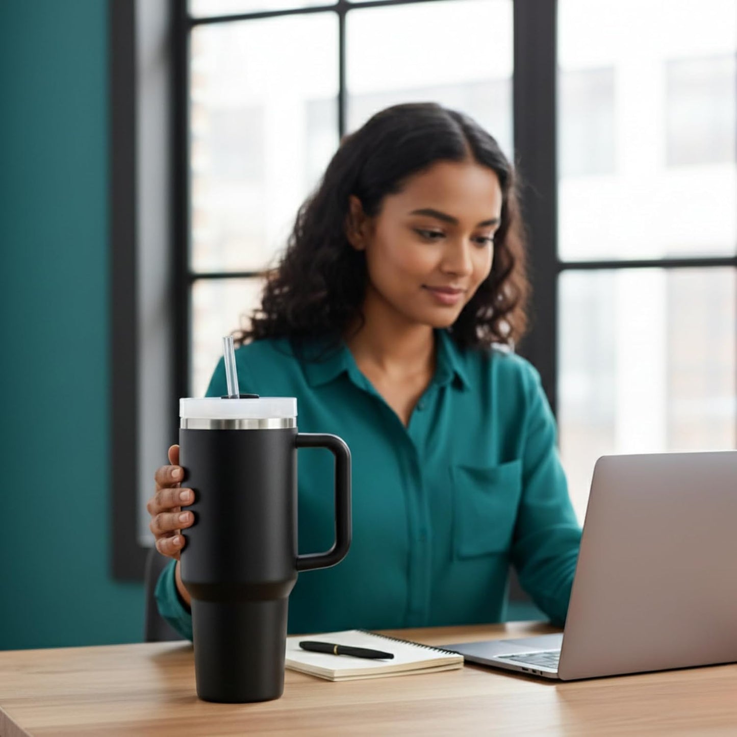 THE CLEAN HYDRATION CO. Insulated Ceramic Coated Tumbler with Handle | Spill Proof Lid | Vacuum Insulated | Keeps Beverages Taste Intact 40 oz (Black)