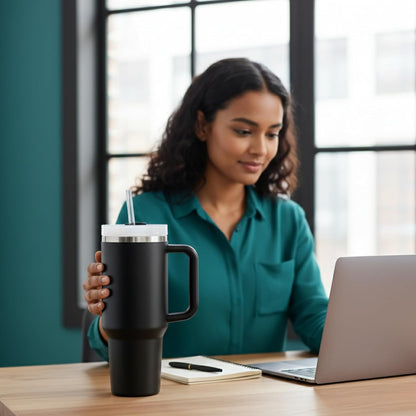 THE CLEAN HYDRATION CO. Insulated Ceramic Coated Tumbler with Handle | Spill Proof Lid | Vacuum Insulated | Keeps Beverages Taste Intact 40 oz (Black)