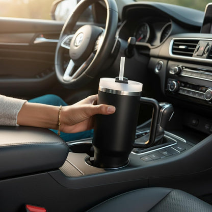 THE CLEAN HYDRATION CO. Insulated Ceramic Coated Tumbler with Handle | Spill Proof Lid | Vacuum Insulated | Keeps Beverages Taste Intact 40 oz (Black)