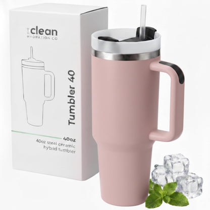 THE CLEAN HYDRATION CO. Insulated Ceramic Coated Tumbler with Handle | Spill Proof Lid | Vacuum Insulated | Keeps Beverages Taste Intact 40 oz (Black)