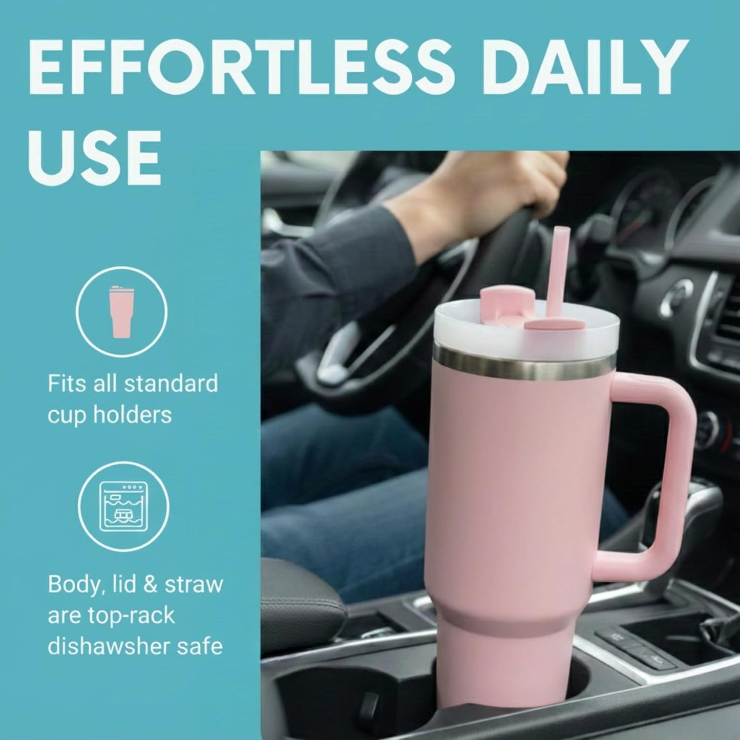 THE CLEAN HYDRATION CO. Insulated Ceramic Coated Tumbler with Handle | Spill Proof Lid | Vacuum Insulated | Keeps Beverages Taste Intact 40 oz (Black)