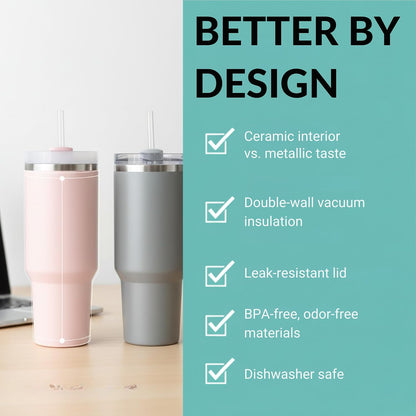 THE CLEAN HYDRATION CO. Insulated Ceramic Coated Tumbler with Handle | Spill Proof Lid | Vacuum Insulated | Keeps Beverages Taste Intact 40 oz (Black)