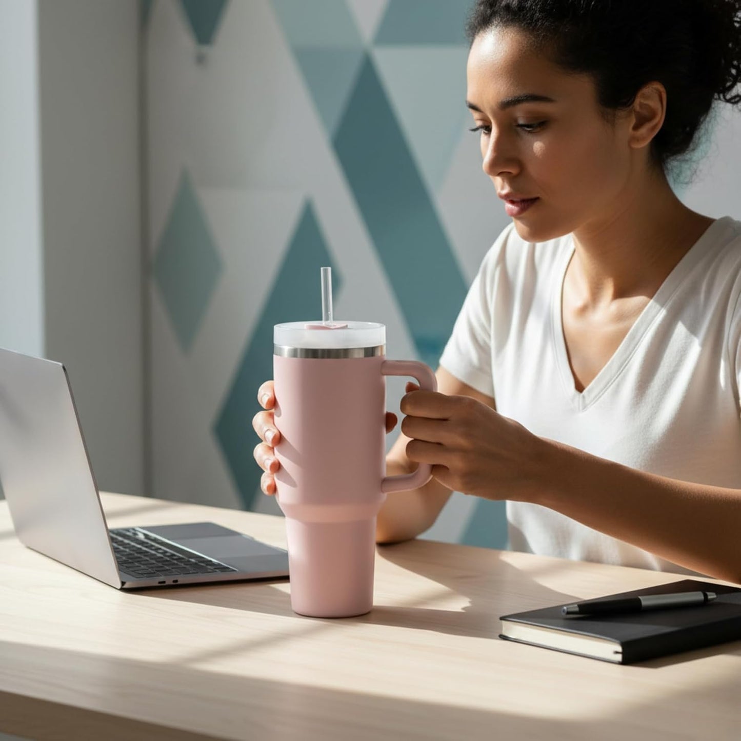 THE CLEAN HYDRATION CO. Insulated Ceramic Coated Tumbler with Handle | Spill Proof Lid | Vacuum Insulated | Keeps Beverages Taste Intact 40 oz (Black)