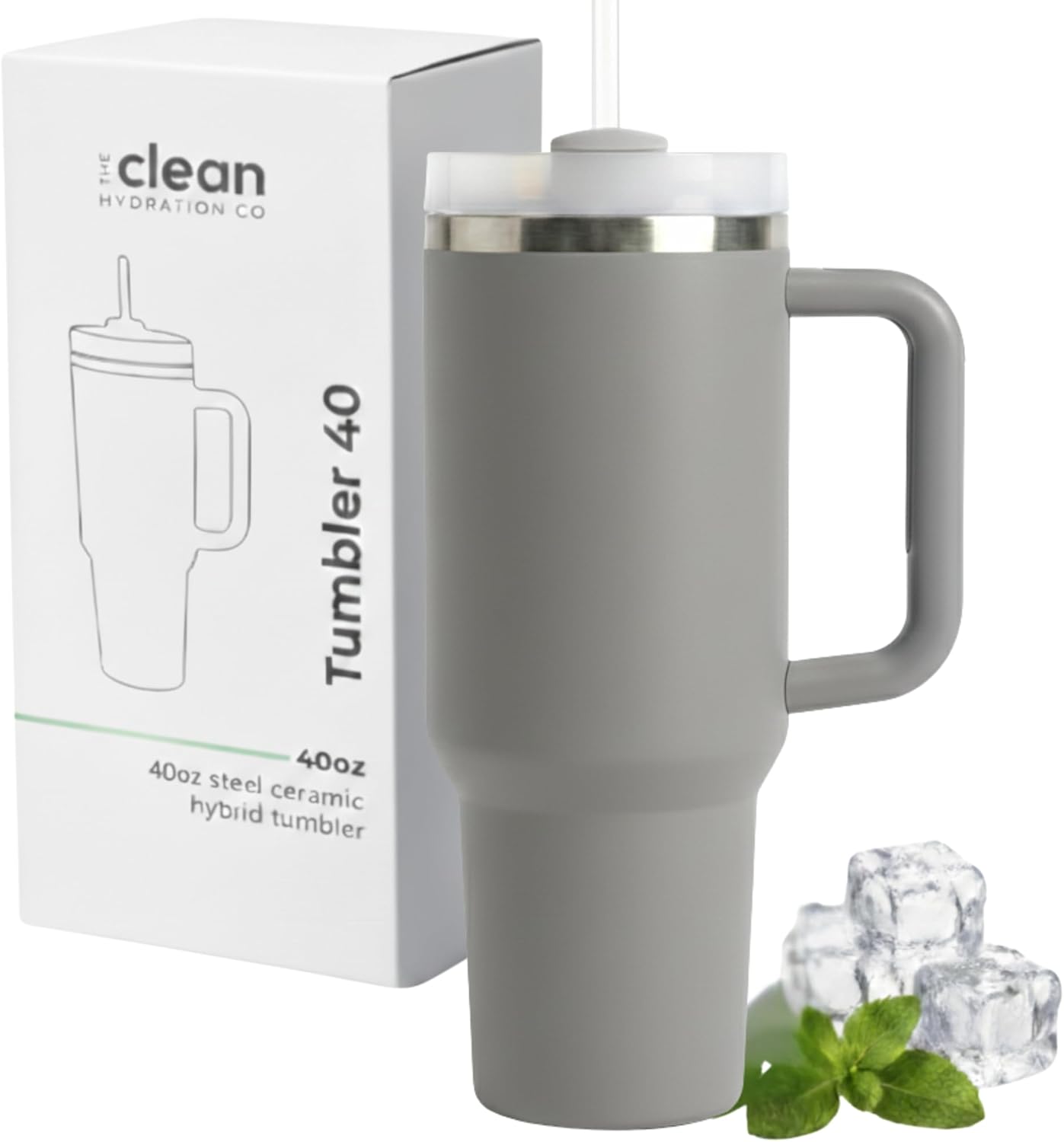 THE CLEAN HYDRATION CO. Insulated Ceramic Coated Tumbler with Handle | Spill Proof Lid | Vacuum Insulated | Keeps Beverages Taste Intact 40 oz (Black)