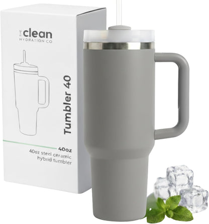 THE CLEAN HYDRATION CO. Insulated Ceramic Coated Tumbler with Handle | Spill Proof Lid | Vacuum Insulated | Keeps Beverages Taste Intact 40 oz (Black)