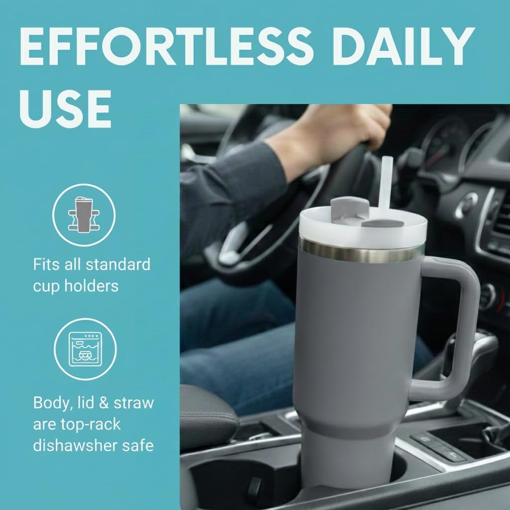 THE CLEAN HYDRATION CO. Insulated Ceramic Coated Tumbler with Handle | Spill Proof Lid | Vacuum Insulated | Keeps Beverages Taste Intact 40 oz (Black)