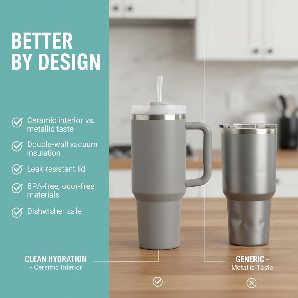 THE CLEAN HYDRATION CO. Insulated Ceramic Coated Tumbler with Handle | Spill Proof Lid | Vacuum Insulated | Keeps Beverages Taste Intact 40 oz (Black)