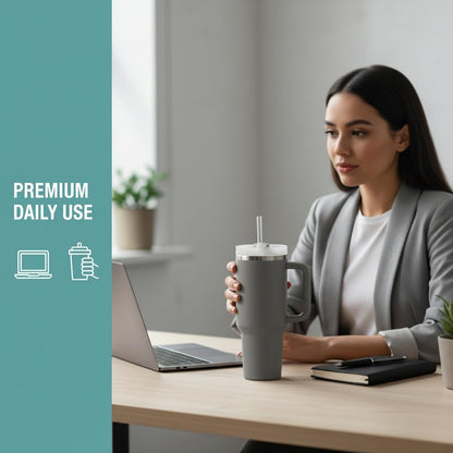 THE CLEAN HYDRATION CO. Insulated Ceramic Coated Tumbler with Handle | Spill Proof Lid | Vacuum Insulated | Keeps Beverages Taste Intact 40 oz (Black)