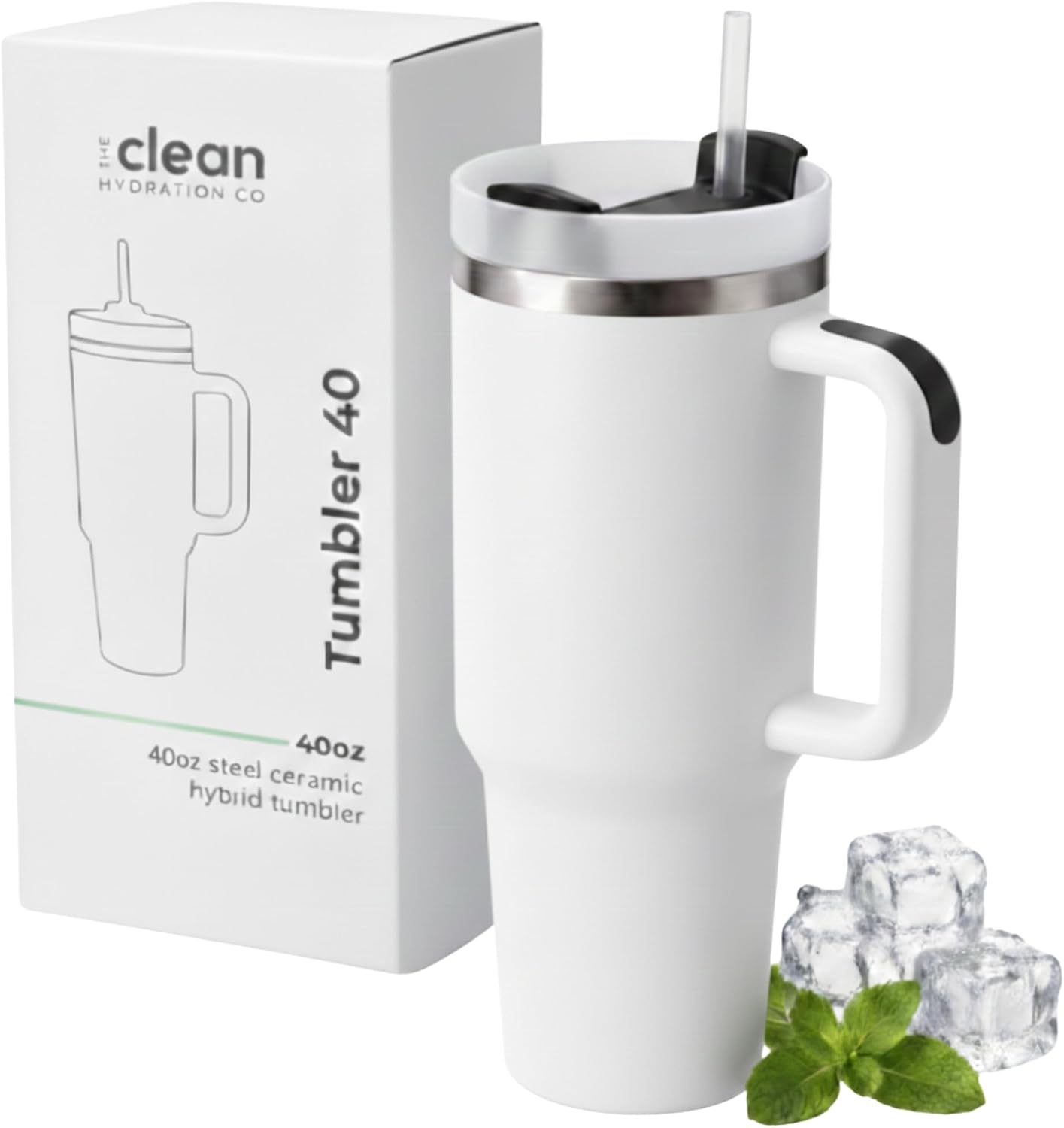 THE CLEAN HYDRATION CO. Insulated Ceramic Coated Tumbler with Handle | Spill Proof Lid | Vacuum Insulated | Keeps Beverages Taste Intact 40 oz (Black)
