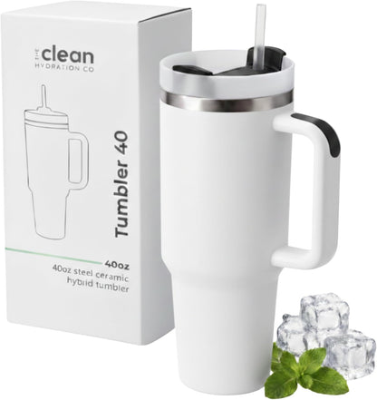 THE CLEAN HYDRATION CO. Insulated Ceramic Coated Tumbler with Handle | Spill Proof Lid | Vacuum Insulated | Keeps Beverages Taste Intact 40 oz (Black)