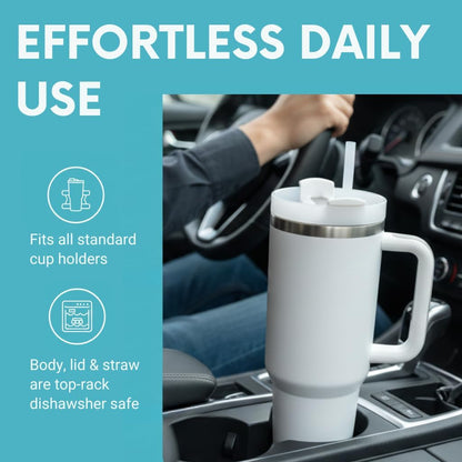 THE CLEAN HYDRATION CO. Insulated Ceramic Coated Tumbler with Handle | Spill Proof Lid | Vacuum Insulated | Keeps Beverages Taste Intact 40 oz (Black)