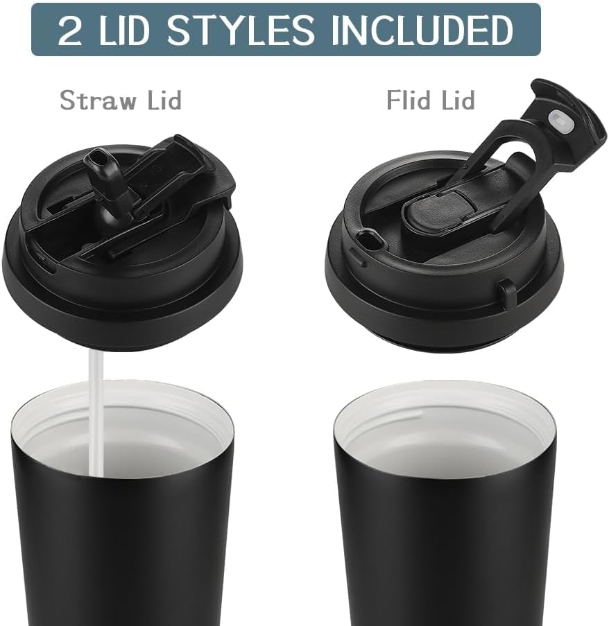 Insulated Coffee Mug with Straw & Flip Lid, 24oz Tumbler Cup with Ceramic Coating, Double Wall Vacuum Leak-Proof Travel Mug wiht Tea Infuser for Office School Party Camping