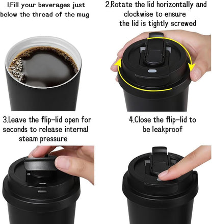 Insulated Coffee Mug with Straw & Flip Lid, 24oz Tumbler Cup with Ceramic Coating, Double Wall Vacuum Leak-Proof Travel Mug wiht Tea Infuser for Office School Party Camping