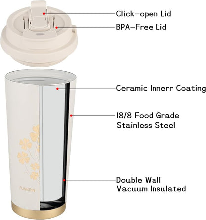 Insulated Coffee Mug with Straw & Flip Lid, 24oz Tumbler Cup with Ceramic Coating, Double Wall Vacuum Leak-Proof Travel Mug wiht Tea Infuser for Office School Party Camping
