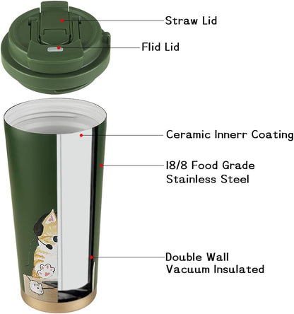 Insulated Coffee Mug with Straw & Flip Lid, 24oz Tumbler Cup with Ceramic Coating, Double Wall Vacuum Leak-Proof Travel Mug wiht Tea Infuser for Office School Party Camping