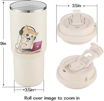 Insulated Coffee Mug with Straw & Flip Lid, 24oz Tumbler Cup with Ceramic Coating, Double Wall Vacuum Leak-Proof Travel Mug wiht Tea Infuser for Office School Party Camping