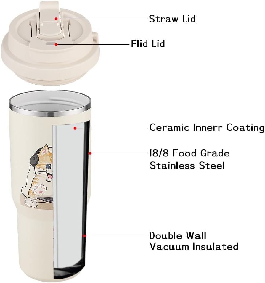 Insulated Coffee Mug with Straw & Flip Lid, 24oz Tumbler Cup with Ceramic Coating, Double Wall Vacuum Leak-Proof Travel Mug wiht Tea Infuser for Office School Party Camping