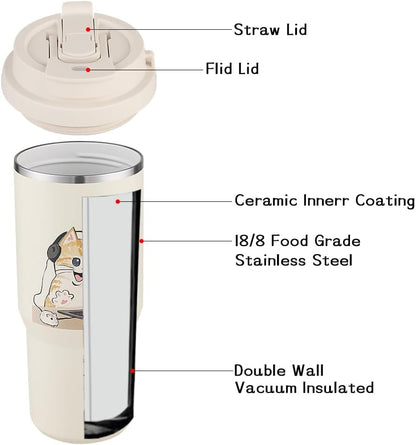 Insulated Coffee Mug with Straw & Flip Lid, 24oz Tumbler Cup with Ceramic Coating, Double Wall Vacuum Leak-Proof Travel Mug wiht Tea Infuser for Office School Party Camping