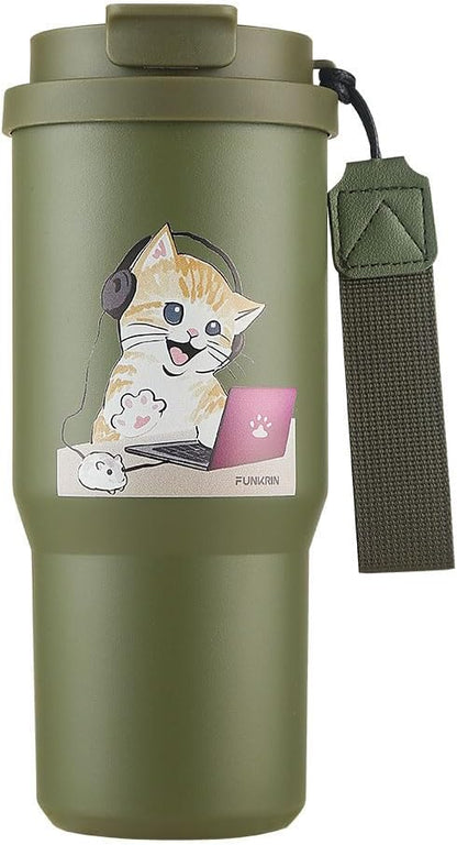 Insulated Coffee Mug with Straw & Flip Lid, 24oz Tumbler Cup with Ceramic Coating, Double Wall Vacuum Leak-Proof Travel Mug wiht Tea Infuser for Office School Party Camping