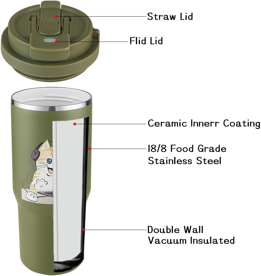 Insulated Coffee Mug with Straw & Flip Lid, 24oz Tumbler Cup with Ceramic Coating, Double Wall Vacuum Leak-Proof Travel Mug wiht Tea Infuser for Office School Party Camping