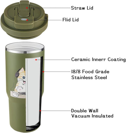 Insulated Coffee Mug with Straw & Flip Lid, 24oz Tumbler Cup with Ceramic Coating, Double Wall Vacuum Leak-Proof Travel Mug wiht Tea Infuser for Office School Party Camping