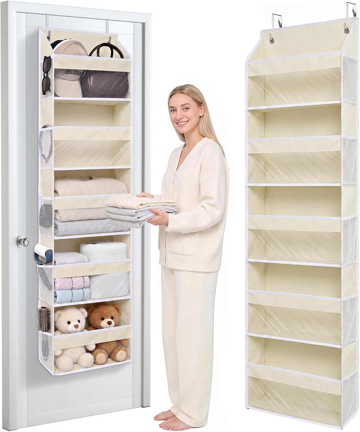 5 Tiers Ultra-thin Over Door Organizer with 10 Mesh Side Pockets, 44 lbs Weight Capacity Hanging Storage Organizer with Clear Window Kids Toys, Shoes, Diapers, White & Grey