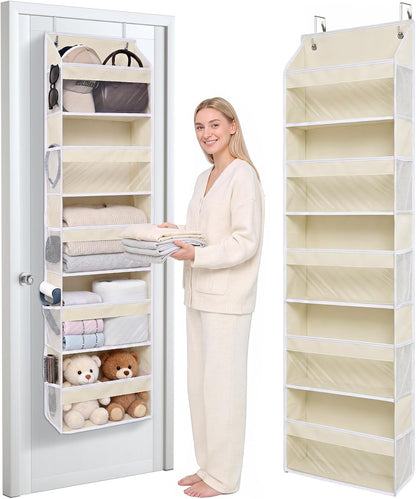 5 Tiers Ultra-thin Over Door Organizer with 10 Mesh Side Pockets, 44 lbs Weight Capacity Hanging Storage Organizer with Clear Window Kids Toys, Shoes, Diapers, White & Grey