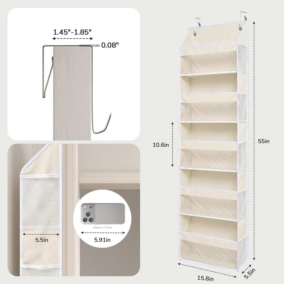 5 Tiers Ultra-thin Over Door Organizer with 10 Mesh Side Pockets, 44 lbs Weight Capacity Hanging Storage Organizer with Clear Window Kids Toys, Shoes, Diapers, White & Grey