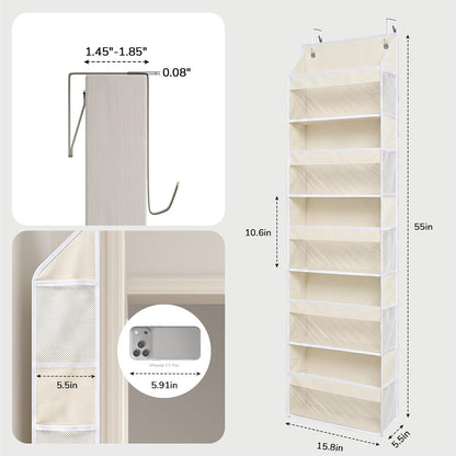5 Tiers Ultra-thin Over Door Organizer with 10 Mesh Side Pockets, 44 lbs Weight Capacity Hanging Storage Organizer with Clear Window Kids Toys, Shoes, Diapers, White & Grey