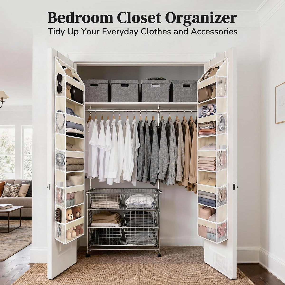5 Tiers Ultra-thin Over Door Organizer with 10 Mesh Side Pockets, 44 lbs Weight Capacity Hanging Storage Organizer with Clear Window Kids Toys, Shoes, Diapers, White & Grey