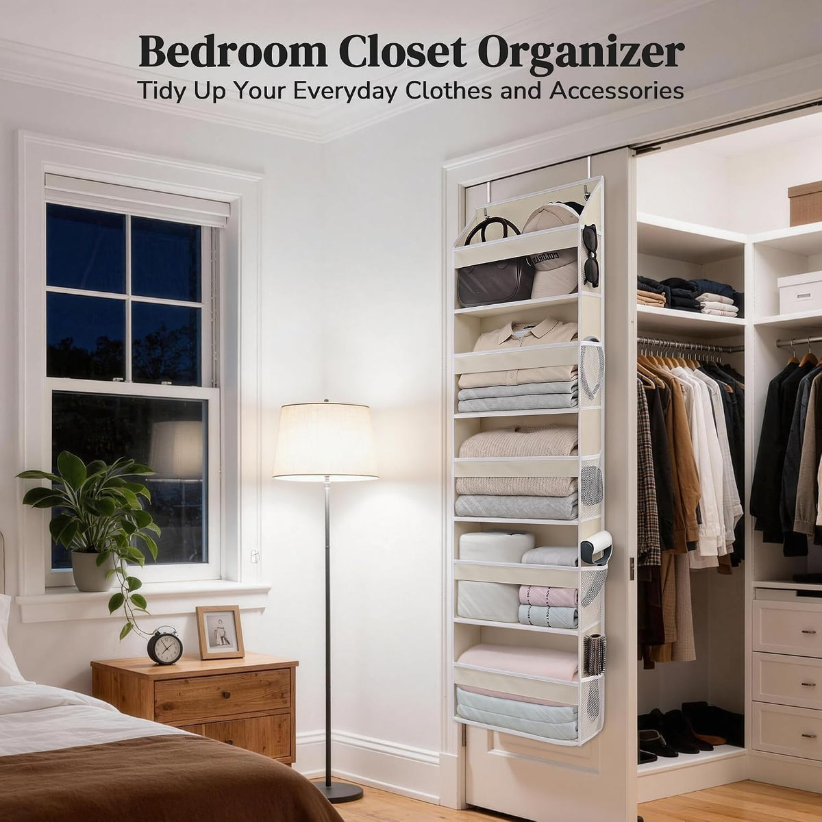 5 Tiers Ultra-thin Over Door Organizer with 10 Mesh Side Pockets, 44 lbs Weight Capacity Hanging Storage Organizer with Clear Window Kids Toys, Shoes, Diapers, White & Grey