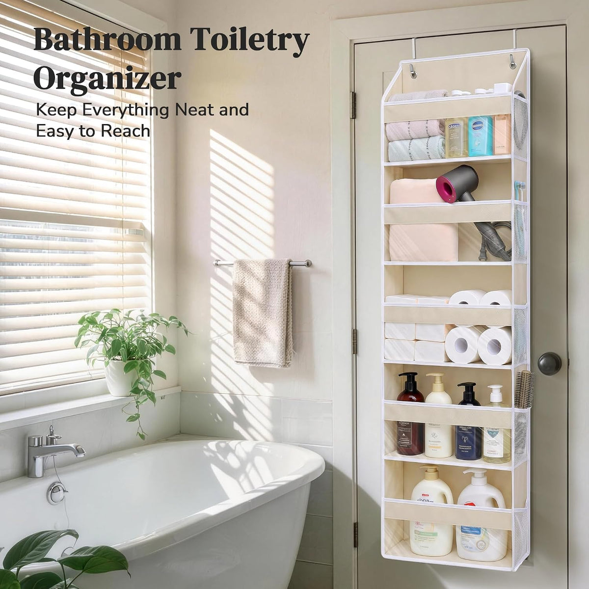 5 Tiers Ultra-thin Over Door Organizer with 10 Mesh Side Pockets, 44 lbs Weight Capacity Hanging Storage Organizer with Clear Window Kids Toys, Shoes, Diapers, White & Grey