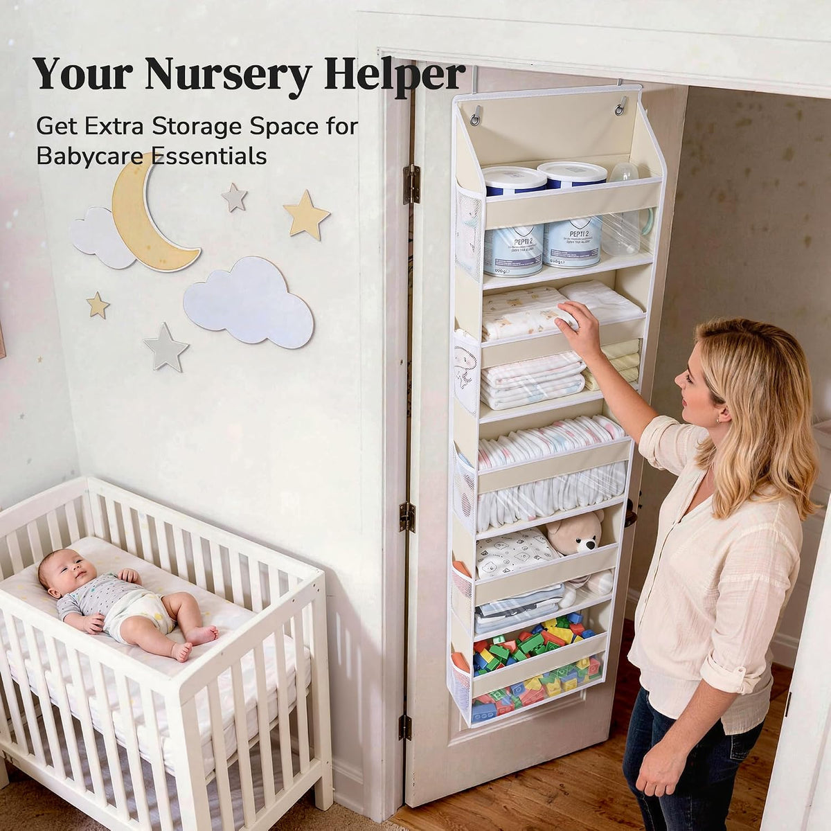 5 Tiers Ultra-thin Over Door Organizer with 10 Mesh Side Pockets, 44 lbs Weight Capacity Hanging Storage Organizer with Clear Window Kids Toys, Shoes, Diapers, White & Grey