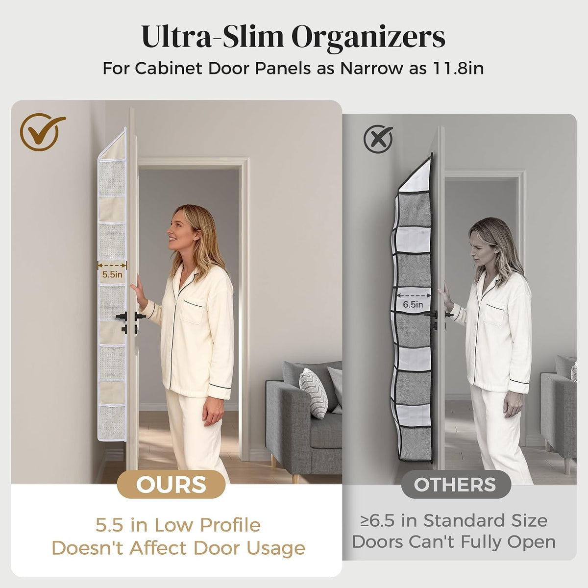5 Tiers Ultra-thin Over Door Organizer with 10 Mesh Side Pockets, 44 lbs Weight Capacity Hanging Storage Organizer with Clear Window Kids Toys, Shoes, Diapers, White & Grey