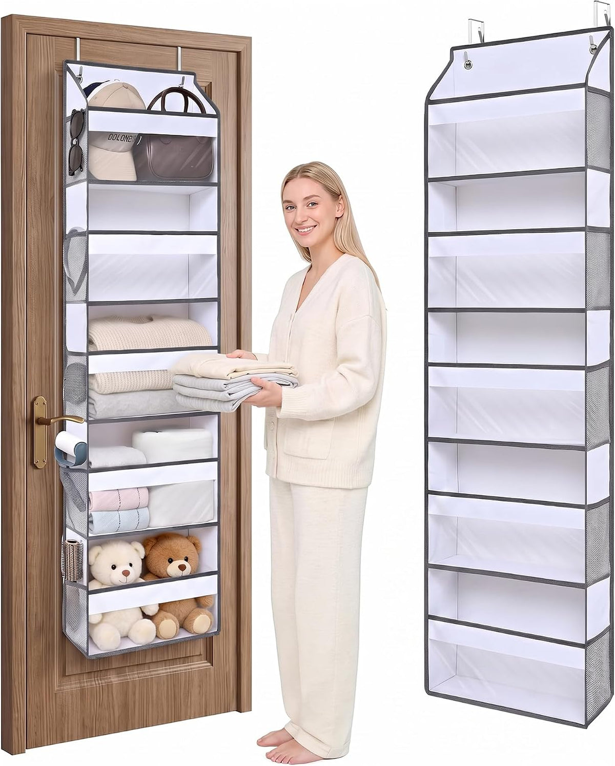 5 Tiers Ultra-thin Over Door Organizer with 10 Mesh Side Pockets, 44 lbs Weight Capacity Hanging Storage Organizer with Clear Window Kids Toys, Shoes, Diapers, White & Grey