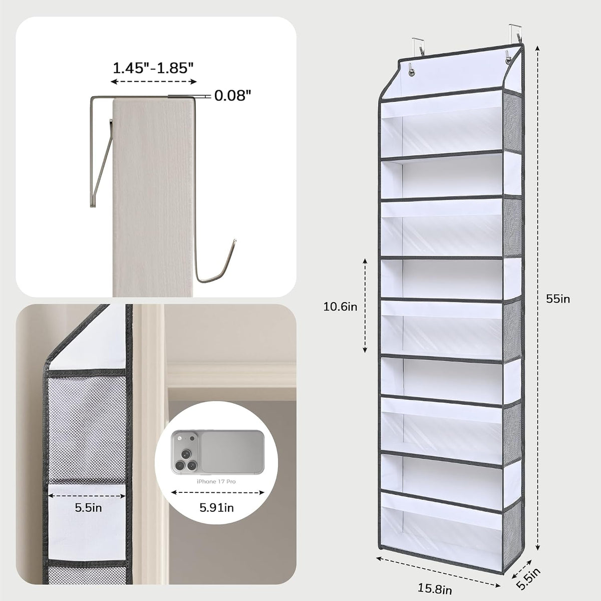 5 Tiers Ultra-thin Over Door Organizer with 10 Mesh Side Pockets, 44 lbs Weight Capacity Hanging Storage Organizer with Clear Window Kids Toys, Shoes, Diapers, White & Grey