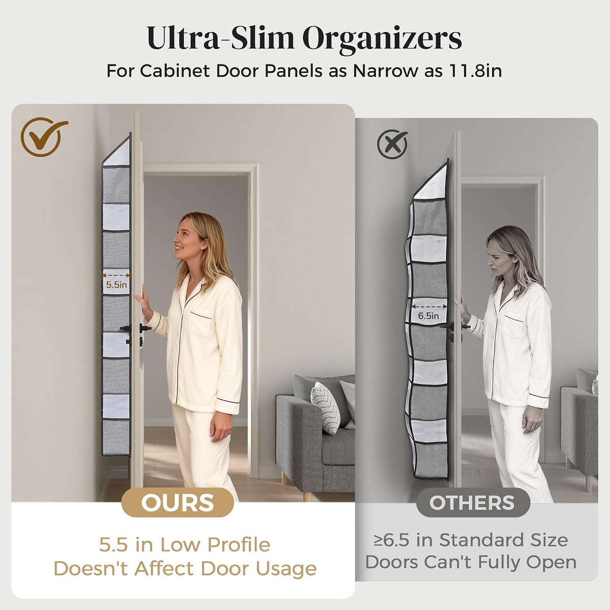 5 Tiers Ultra-thin Over Door Organizer with 10 Mesh Side Pockets, 44 lbs Weight Capacity Hanging Storage Organizer with Clear Window Kids Toys, Shoes, Diapers, White & Grey