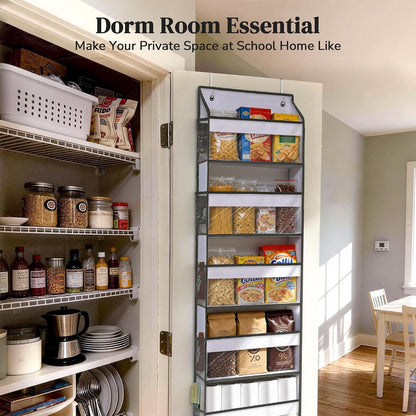 5 Tiers Ultra-thin Over Door Organizer with 10 Mesh Side Pockets, 44 lbs Weight Capacity Hanging Storage Organizer with Clear Window Kids Toys, Shoes, Diapers, White & Grey